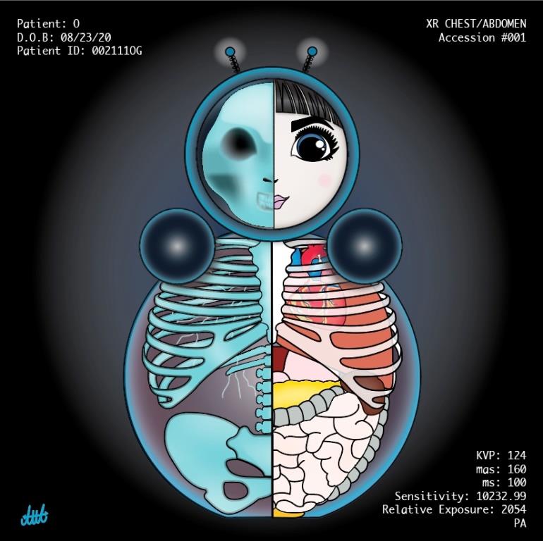 Digital artwork of character O shown as an X-ray with skeleton and organs revealed