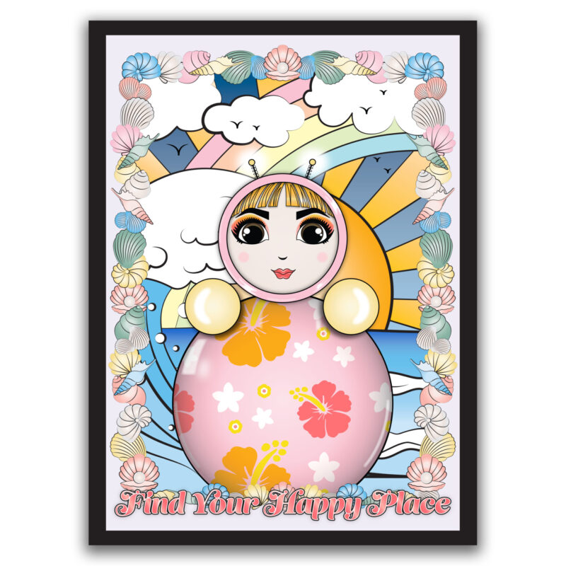 O surrounded by seashells, rainbows, and hibiscus flowers with the phrase “Find Your Happy Place.”