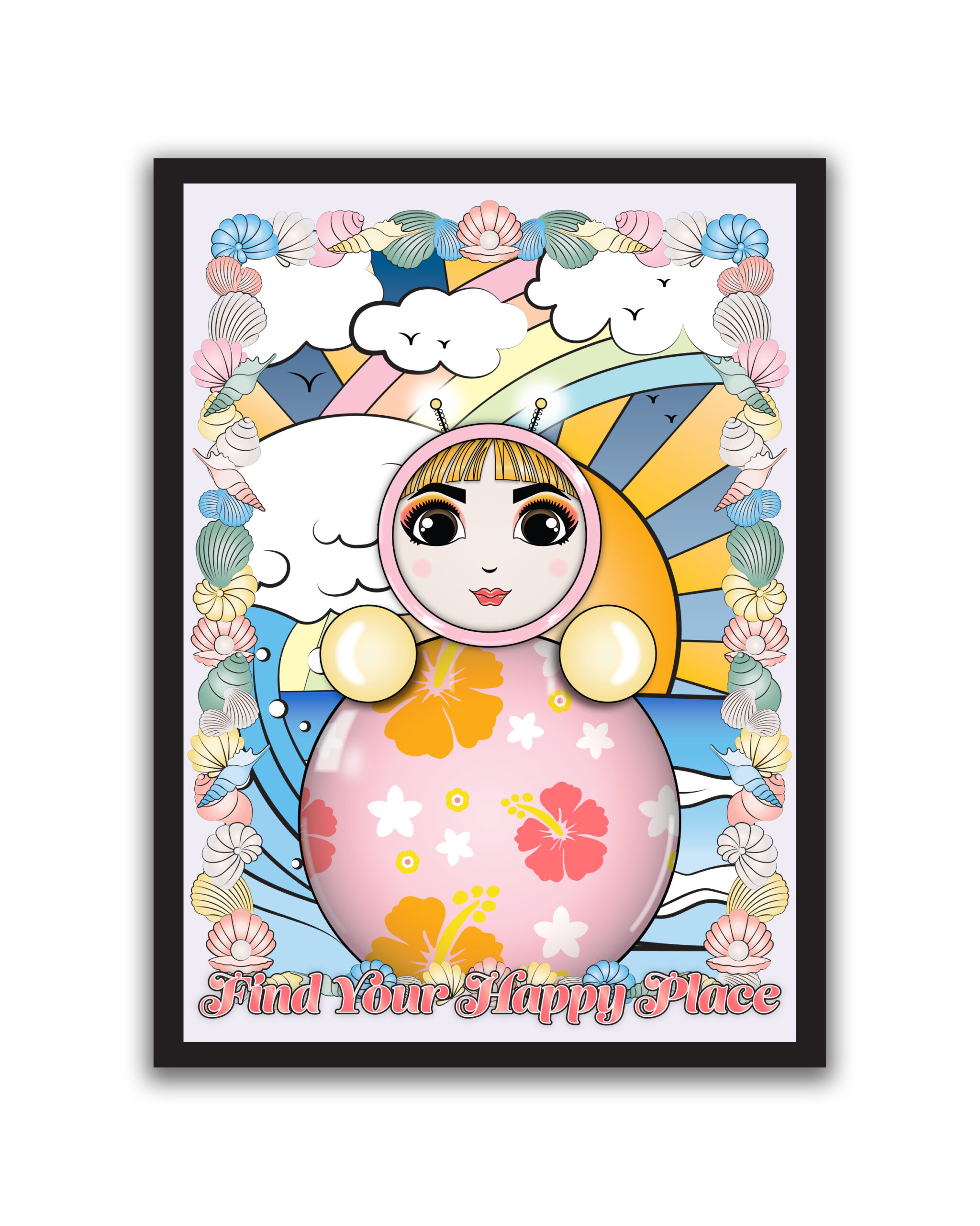 O surrounded by seashells, rainbows, and hibiscus flowers with the phrase “Find Your Happy Place.”