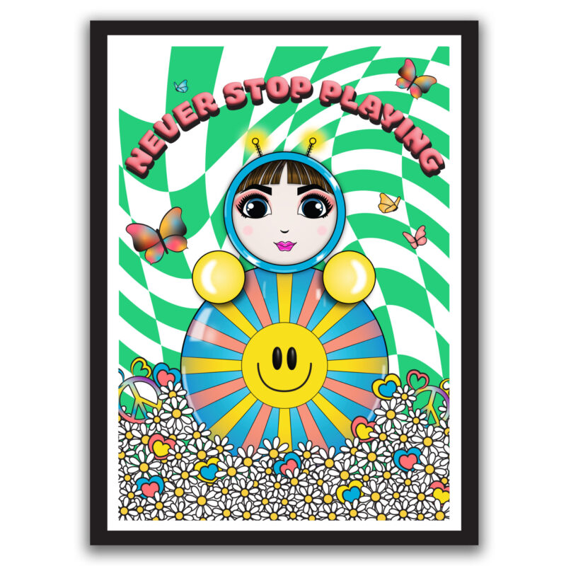 O in a field of daisies and hearts with a large smiley face and the words “Never Stop Playing.”