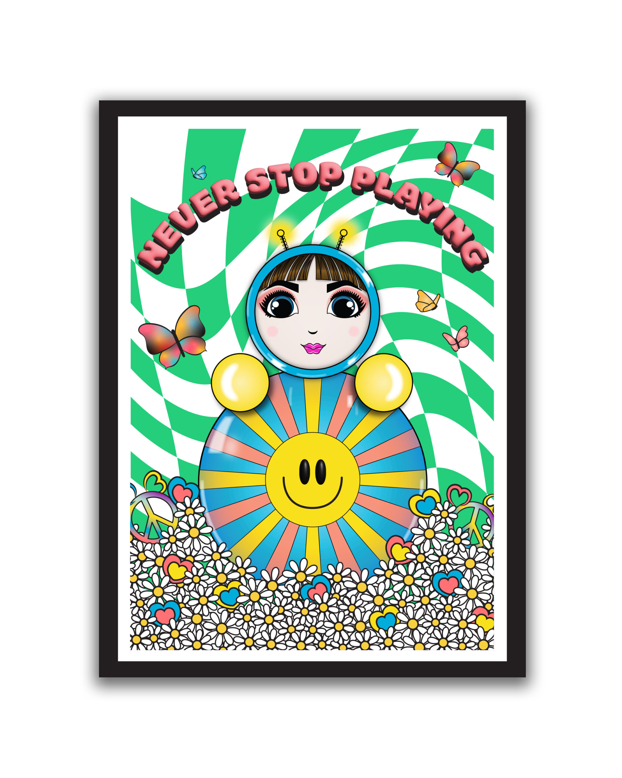 O in a field of daisies and hearts with a large smiley face and the words “Never Stop Playing.”