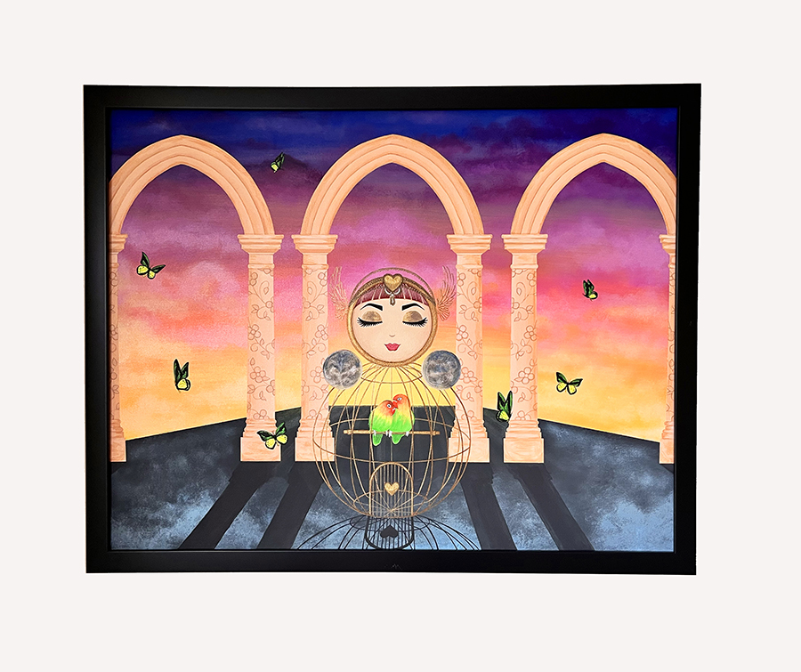 Painting titled Freedom to Love depicting O as a symbolic birdcage before arched pillars, with butterflies and a sunset sky (2025)