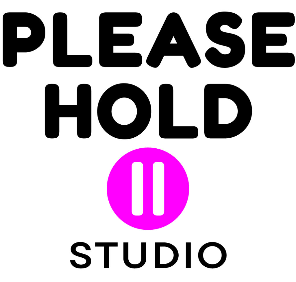 Please Hold Studio logo featuring a glowing pause button symbol in neon-inspired colors.