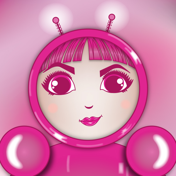 Character-based artwork of O in deep pink with a sly smirk