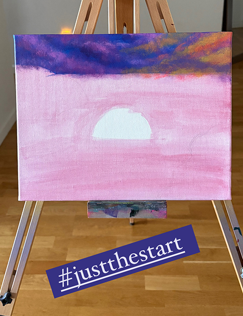 Early stage of the painting showing the underpainting on the lower canvas and a completed top section with a bright, cloud-filled sky.