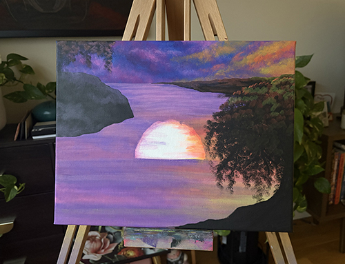 Painting in progress with background, water, and sky complete—O’s head is outlined but not yet painted.