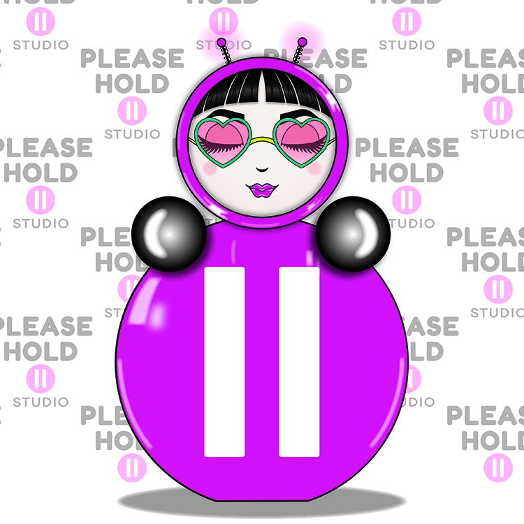 Character O styled as a pause button with glowing background and logo overlay