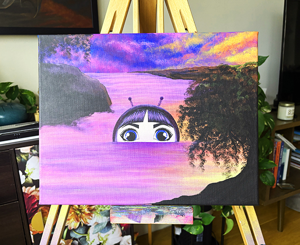 Final painting of O peeking out from a glowing neon-colored body of water, with only her eyes and head visible against a dreamy, colorful sky.