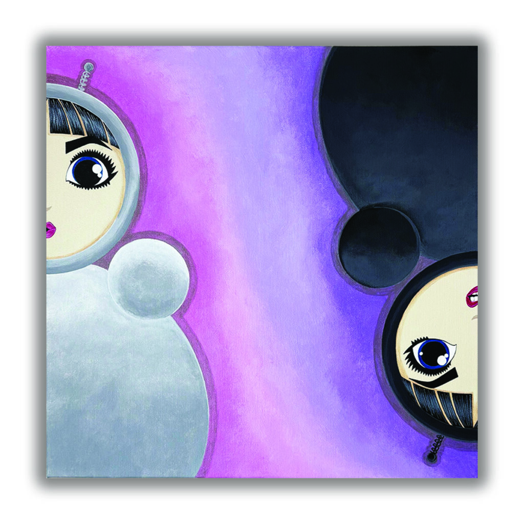 Painting titled Aura 1 featuring two evolving character forms of O against a purple gradient background, acrylic on canvas (2025)
