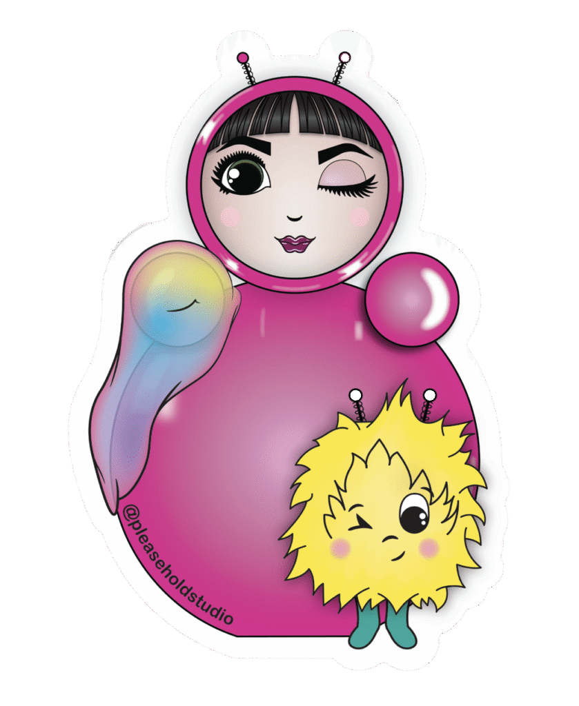 Glossy die-cut sticker of O, Obi, & EM, a fluffy yellow companion.