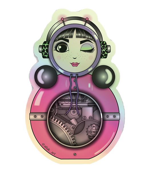 Die-cut sticker of O with leopard-print headphones and a transparent belly revealing mechanical gears.