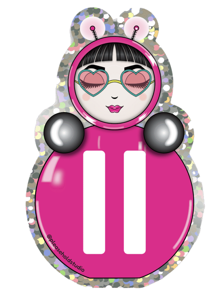 Glossy die-cut sticker of O in bright pink with a bold pause symbol, wearing heart-shaped glasses and antennae headband.