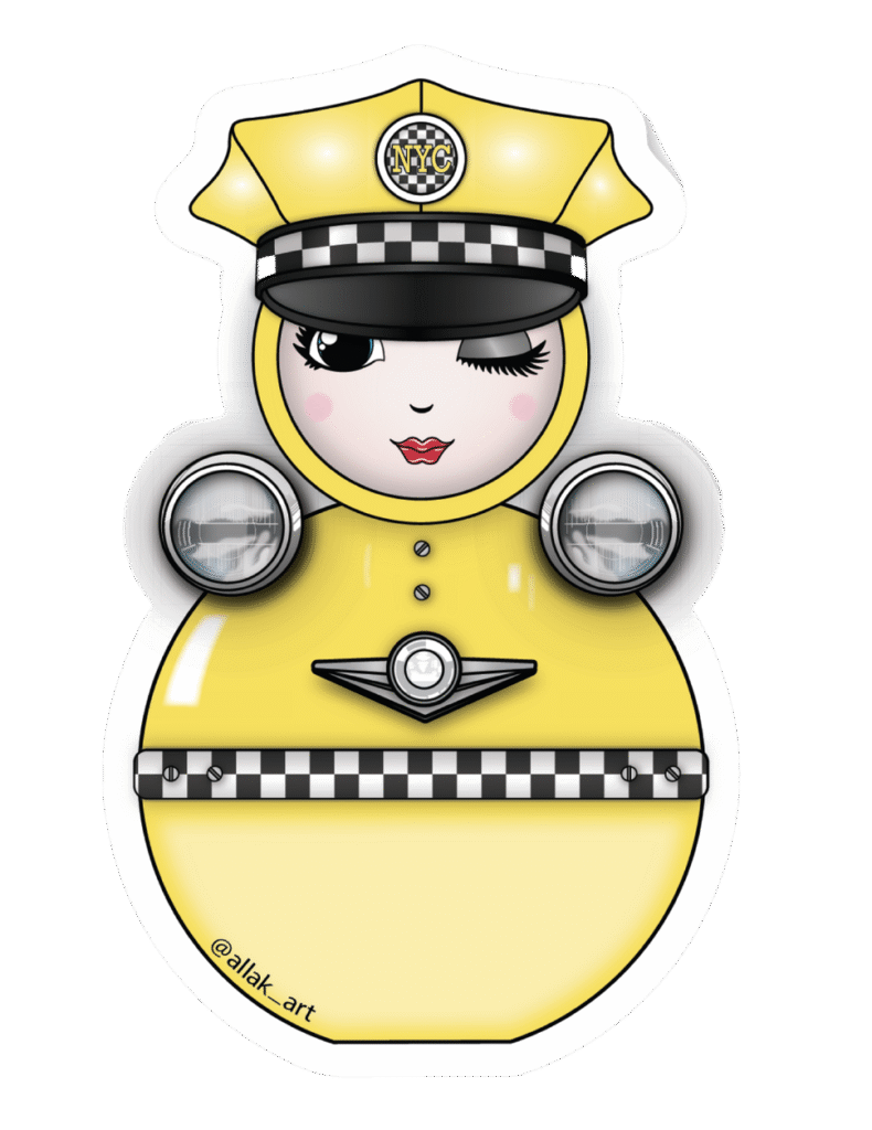 Glossy die-cut sticker of O styled as a yellow NYC taxi cab with headlights and checker detailing.