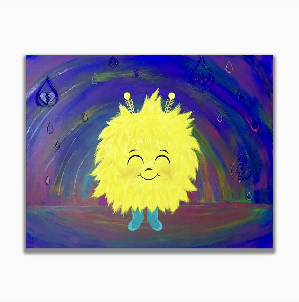 Painting titled ‘EM Portrait’ featuring EM, a fluffy yellow character radiating vibrant energy, painted on a wood panel. Surrounded by symbolic teardrops and a rainbow aura, the work conveys motion, joy, and buzzing vitality.
