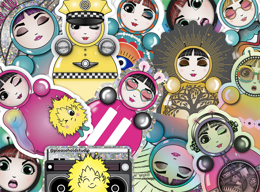 Collage of Please Hold Studio stickers featuring O, EM, and companions in assorted holographic and matte finishes.