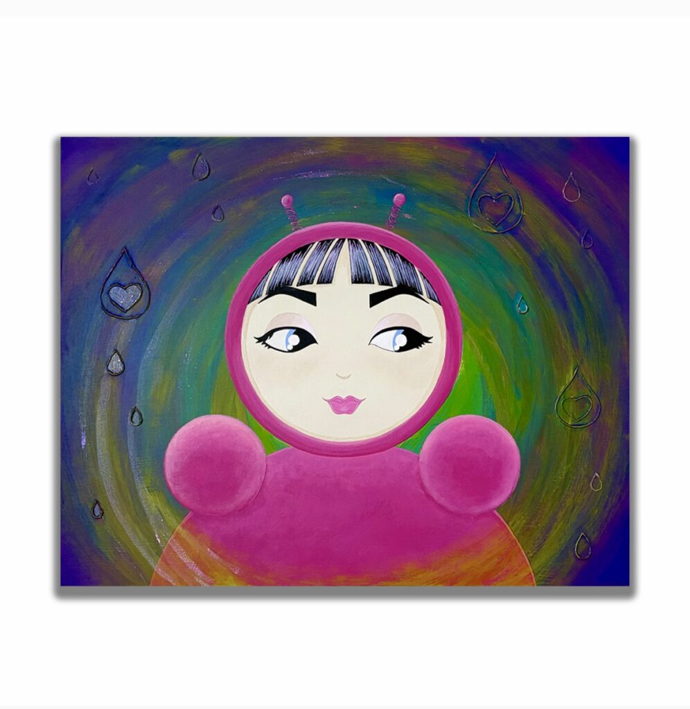 Painting titled ‘O Portrait’ featuring O in a bright pink aura, set against a rainbow-toned background with symbolic teardrops containing hearts, representing emotion and energy.