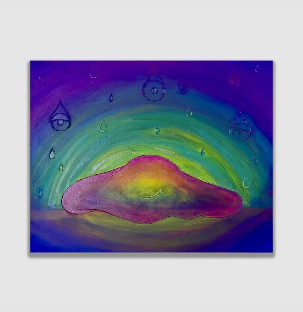 Painting titled ‘Obi Portrait’ featuring Obi in soft, fluid form, glowing with rainbow tones across a wooden panel. Surrounded by symbolic teardrops, the piece conveys empathy, stillness, and grounding energy.
