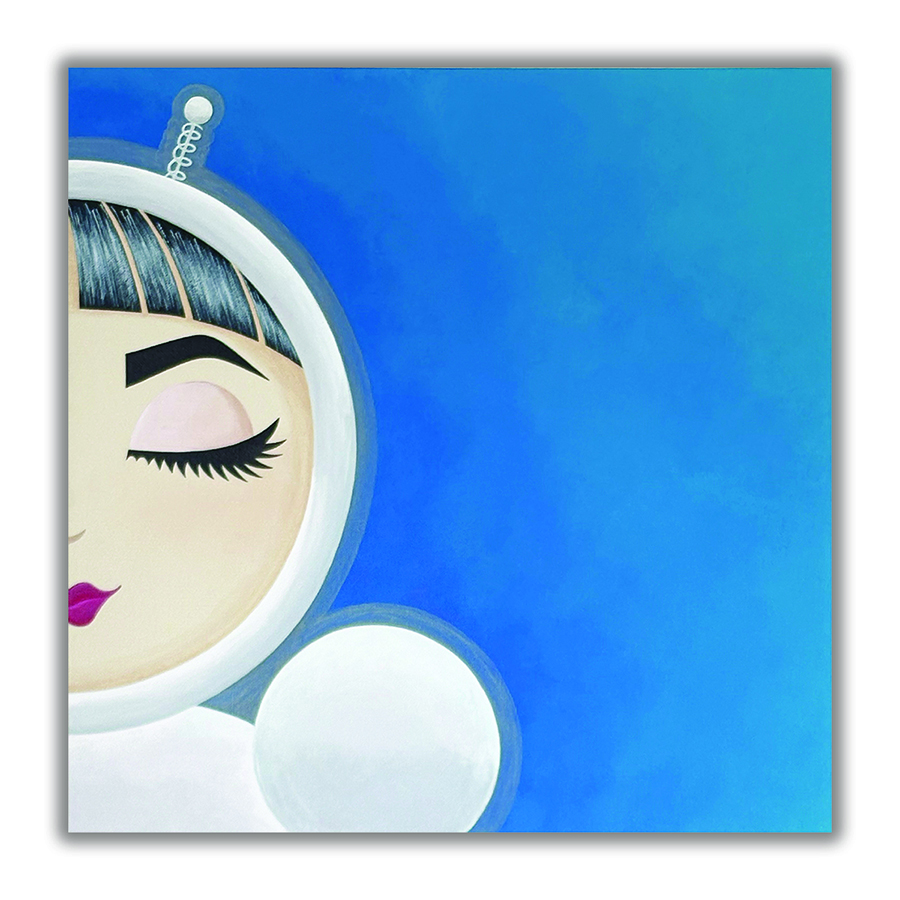 Painting titled ‘Aura II’ featuring O with closed eyes against a vibrant blue background, symbolizing clarity and calm presence.