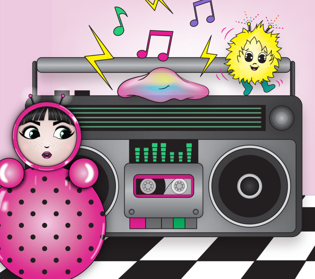 O, EM, and Obi with a neon boombox, music notes, and energy symbols — digital artwork by Alla K from Please Hold Studio.
