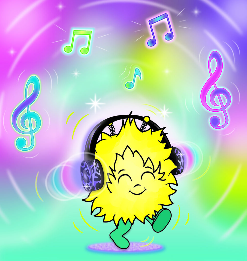 Please Hold Studio character EM dancing with headphones and neon music notes.