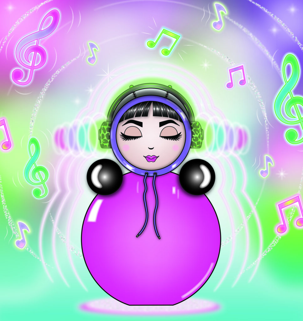 Please Hold Studio character O dancing with headphones and neon music notes.
