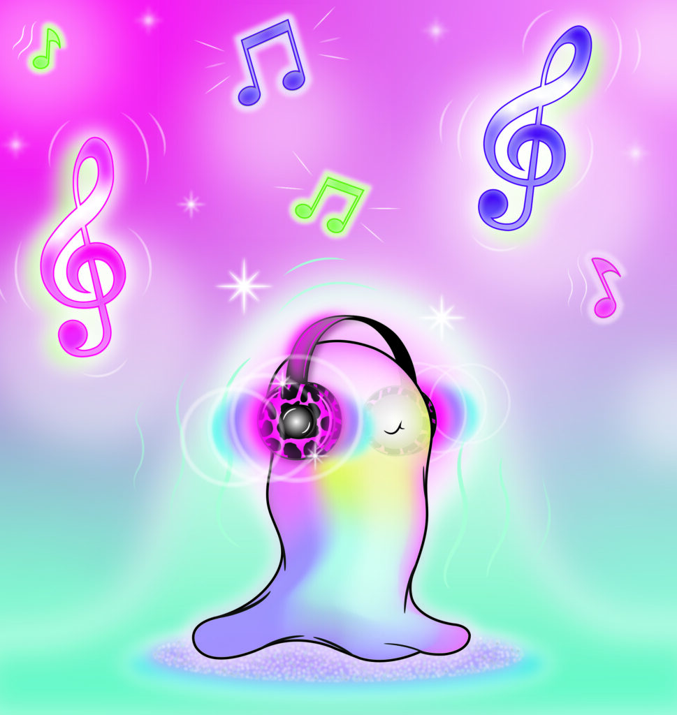 Please Hold Studio character Obi dancing with headphones and neon music notes.