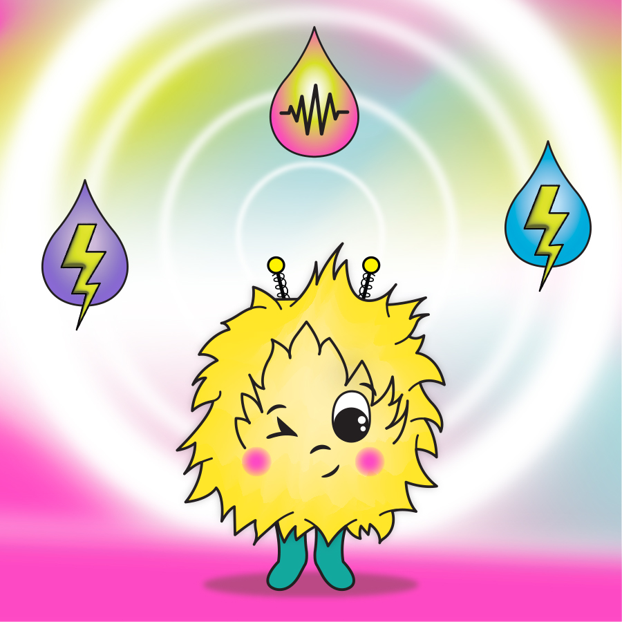 EM Character Card – Please Hold Studio art by Alla K featuring EM, the playful and energetic monster with lightning and heartbeat icons.