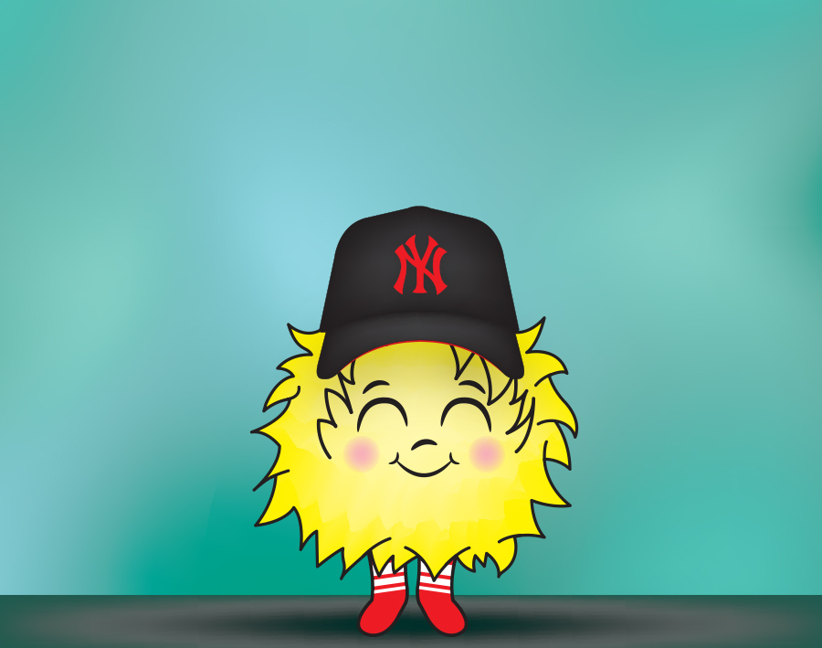Character EM in Brooklyn portrait style with Yankees cap and playful grin.