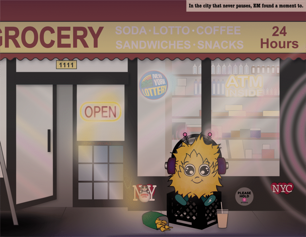 Energy Monster sits outside a New York City bodega, headphones glowing in the streetlight.