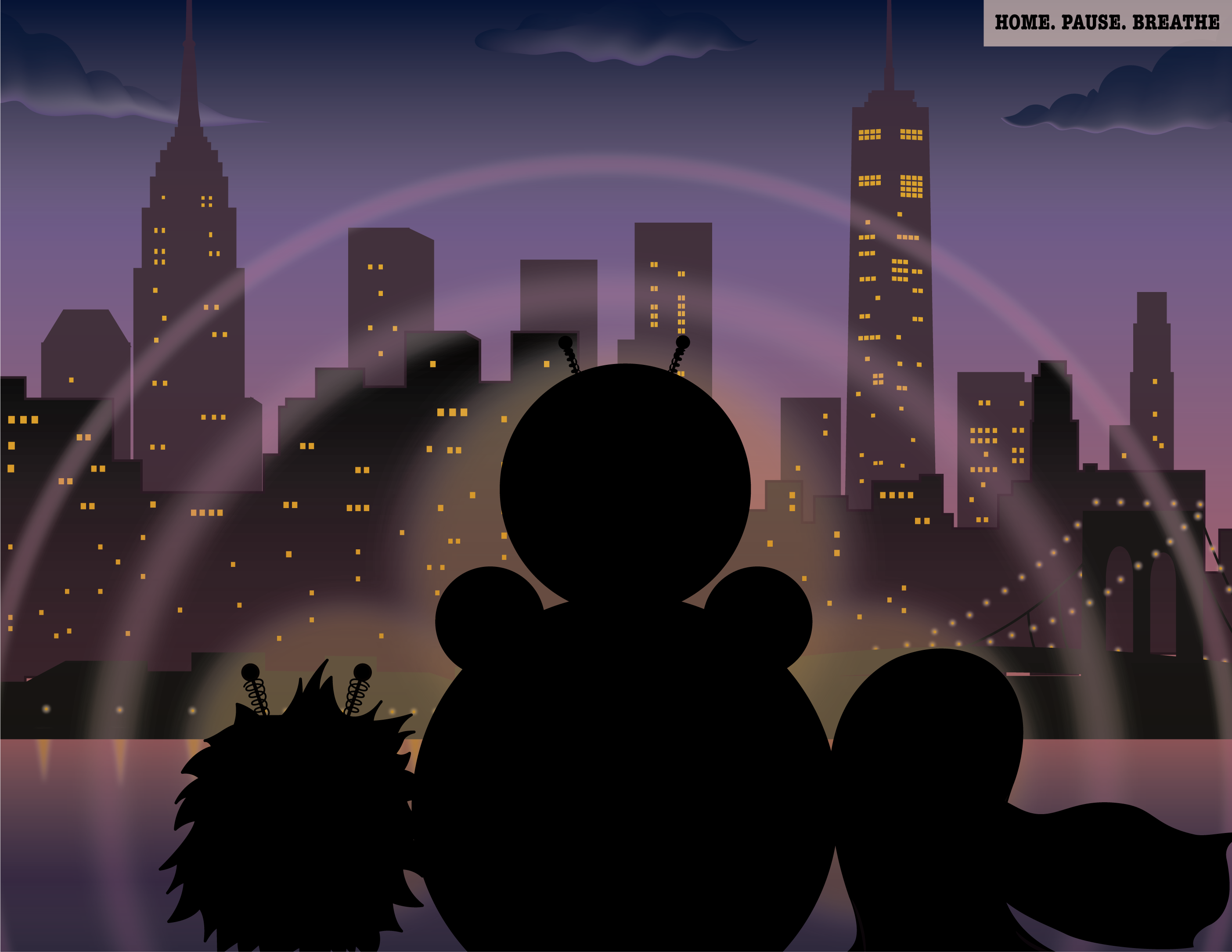 O, EM, and Obi stand together in silhouette before the glowing NYC skyline at dusk.