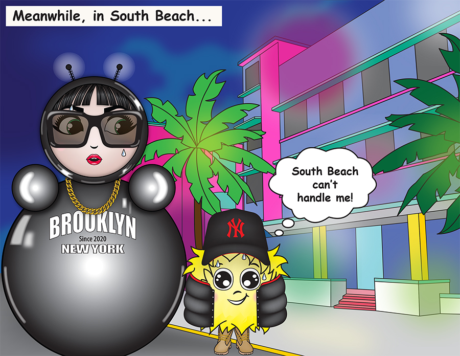 Comic-style artwork of O and EM at night in South Beach, dressed in Brooklyn gear with chains and caps. EM declares, “South Beach can’t handle me!” against neon-lit palm trees and Art Deco buildings.