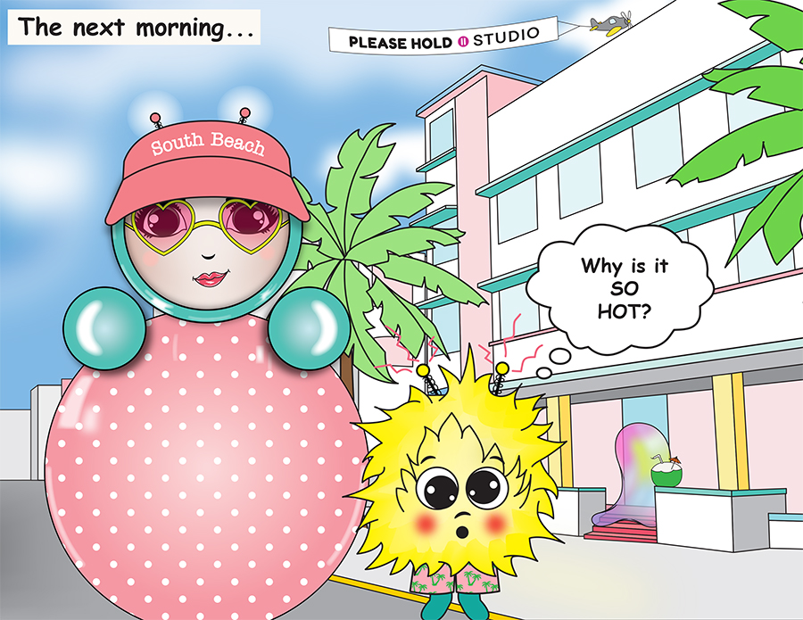 Comic-style artwork of O and EM in South Beach the next morning. EM looks hot and sweaty, saying, “Why is it SO HOT?” Palm trees and art deco buildings fill the background, with Obi in the distance.