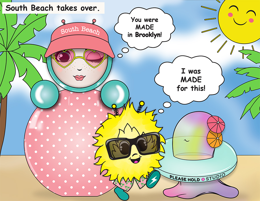 Comic-style artwork of O, EM, and Obi on South Beach, wearing sunglasses and summer outfits, with palm trees and a smiling sun. O says, “You were MADE in Brooklyn!” while EM replies, “I was MADE for this!”