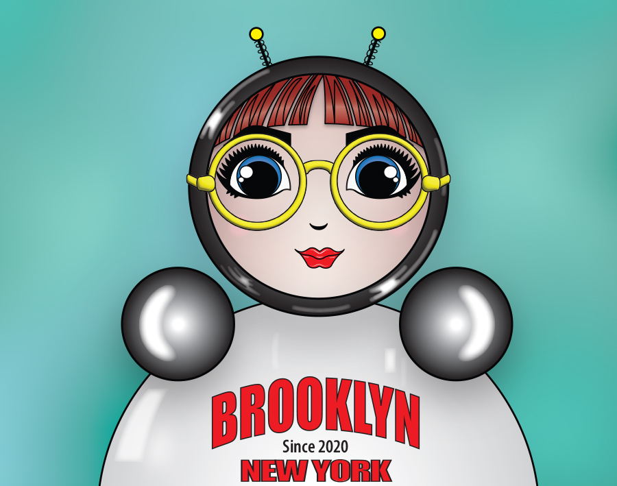 Character O in Brooklyn portrait style with bold glasses and "Brooklyn, New York" hoodie.