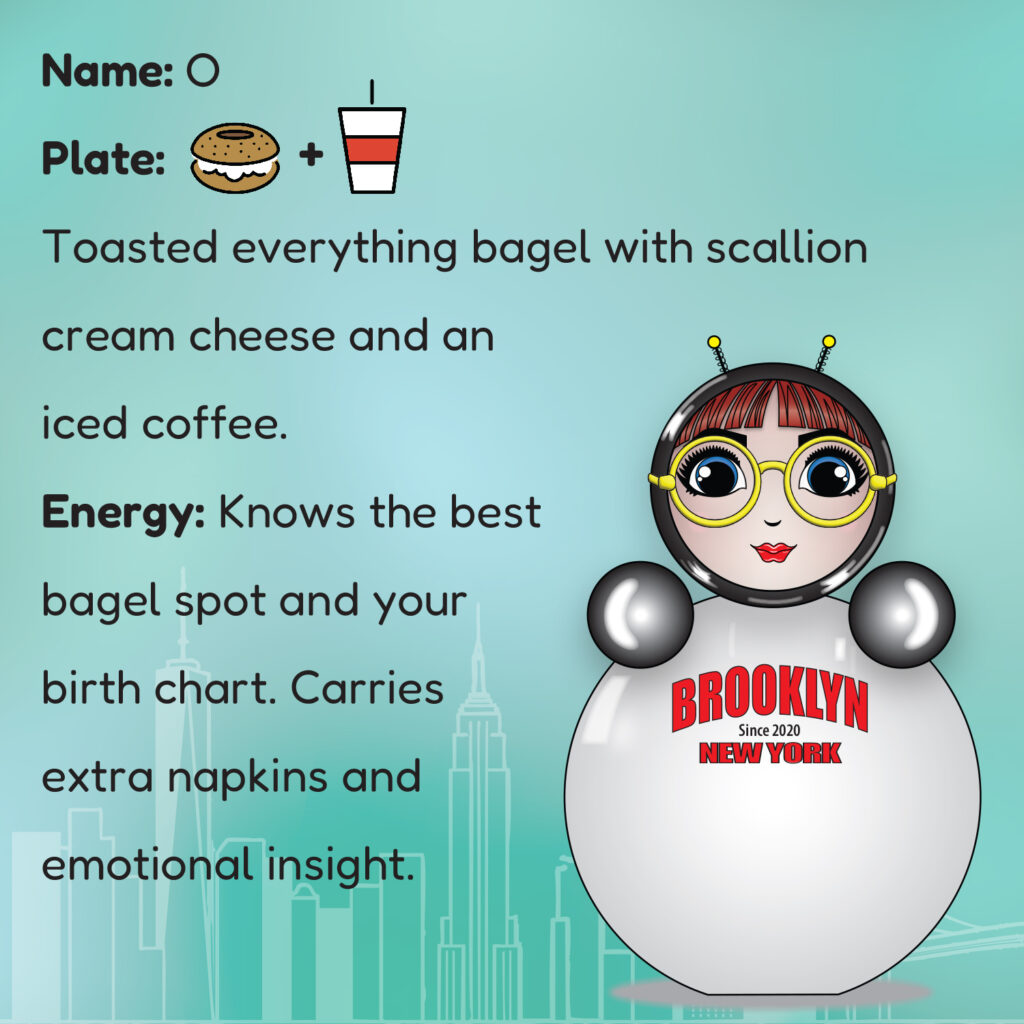 Portrait card of O with bagel and iced coffee icons, description of energy and vibe.
