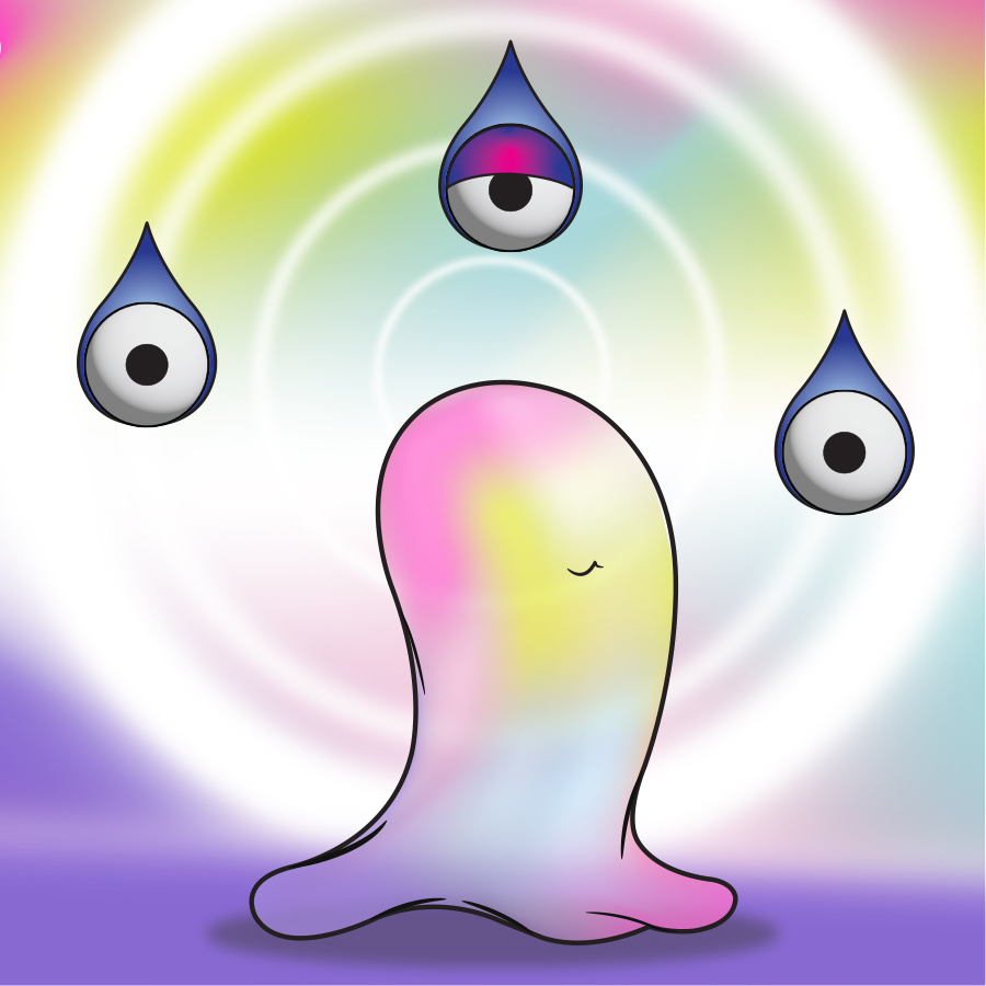 Obi Character Card – Please Hold Studio art by Alla K featuring Obi, the gentle and observant character with floating eye symbols.