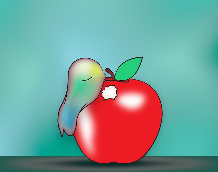 Character Obi in Brooklyn portrait style, leaning calmly against a red apple.