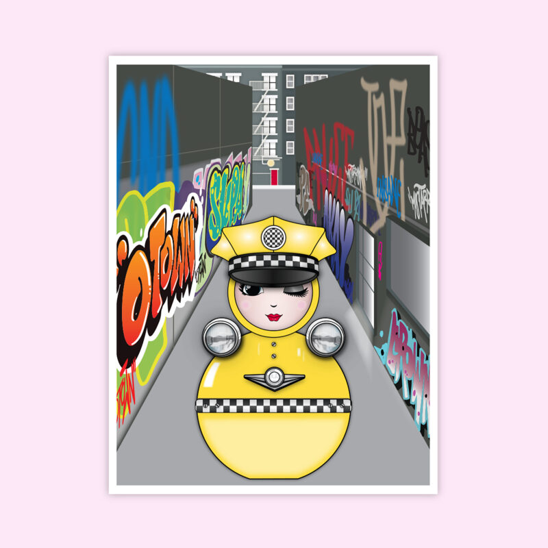 Brooklyn O Alley art print with yellow taxi O from Please Hold Studio NY Collection