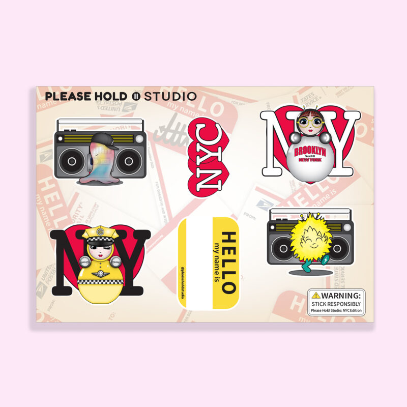 NYC sticker sheet featuring O, EM, and Obi from Please Hold Studio