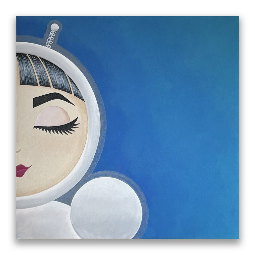 O rests peacefully with closed eyes beneath a blue aura, symbolizing serenity, rest, and emotional openness.