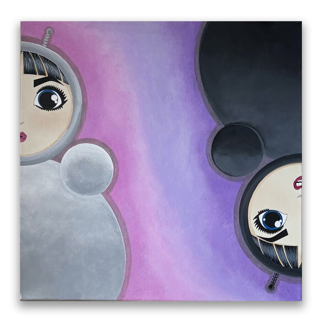 Two versions of O appear on opposite sides of a purple-grey gradient, symbolizing contrast, transformation, and the meeting of inner and outer worlds.