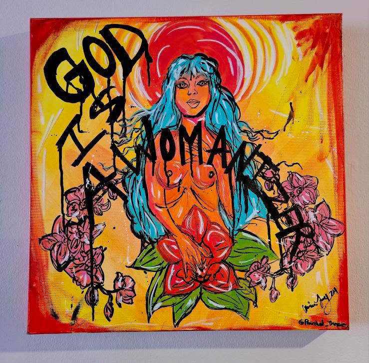 Painting by Alaina featuring bold color, graphic line work, and expressive female figures exploring autonomy, emotion, and resistance.