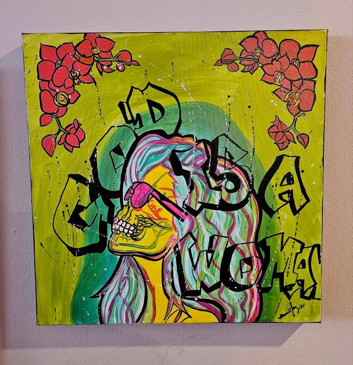 Painting by Alaina featuring bold color, graphic line work, and expressive female figures exploring autonomy, emotion, and resistance.