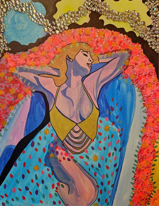 Painting by Alaina featuring bold color, graphic line work, and expressive female figures exploring autonomy, emotion, and resistance.