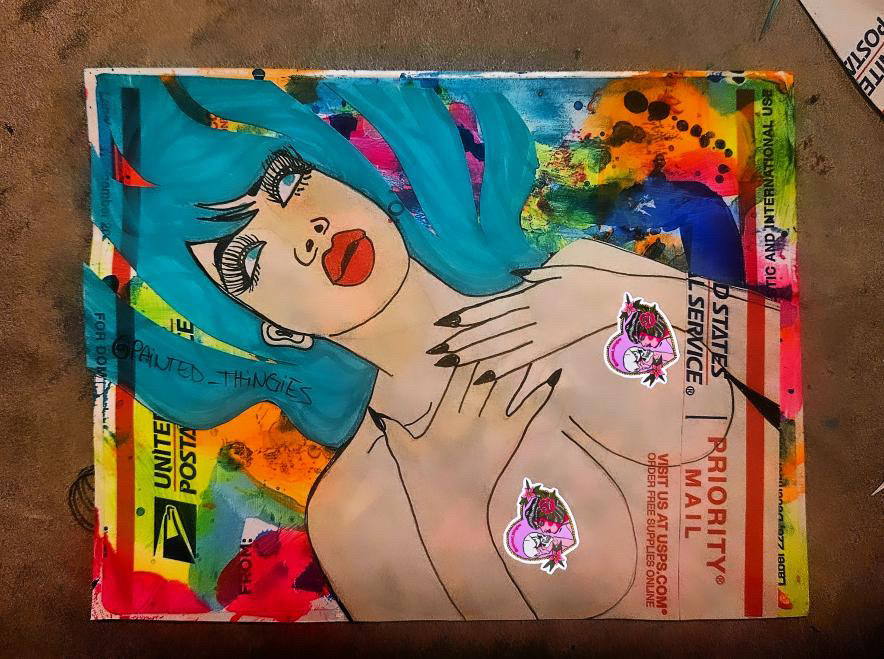 Painting by Alaina featuring bold color, graphic line work, and expressive female figures exploring autonomy, emotion, and resistance.