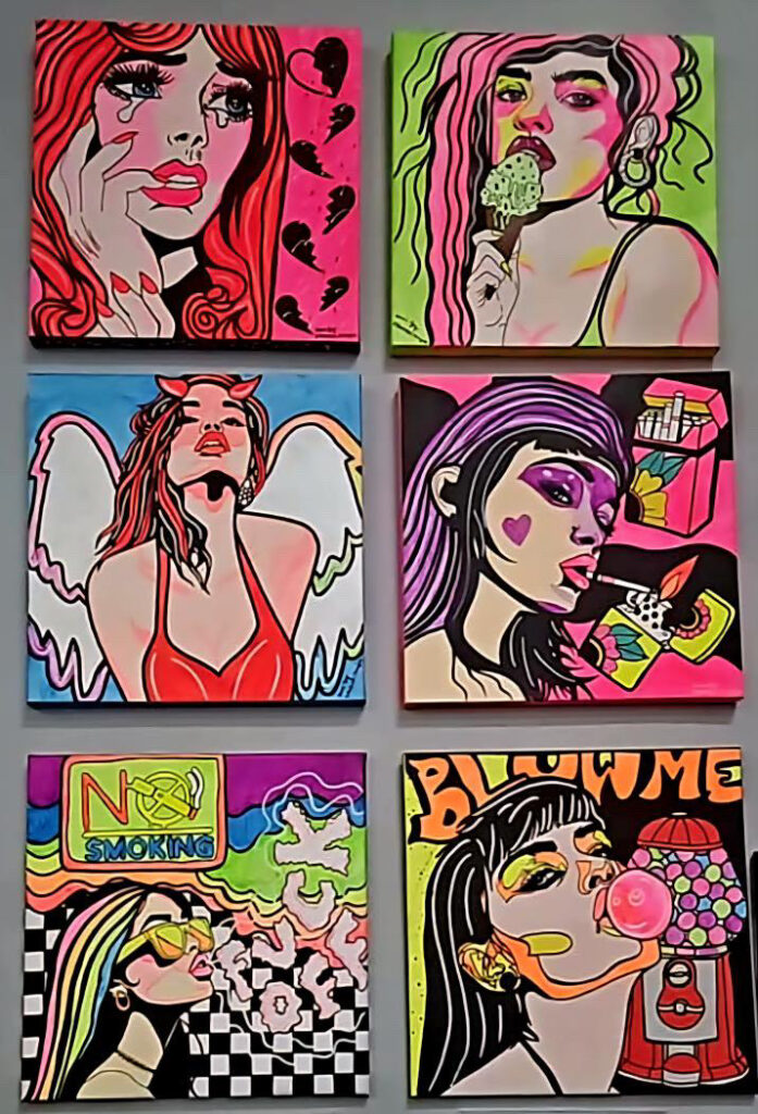 Painting by Alaina featuring bold color, graphic line work, and expressive female figures exploring autonomy, emotion, and resistance.