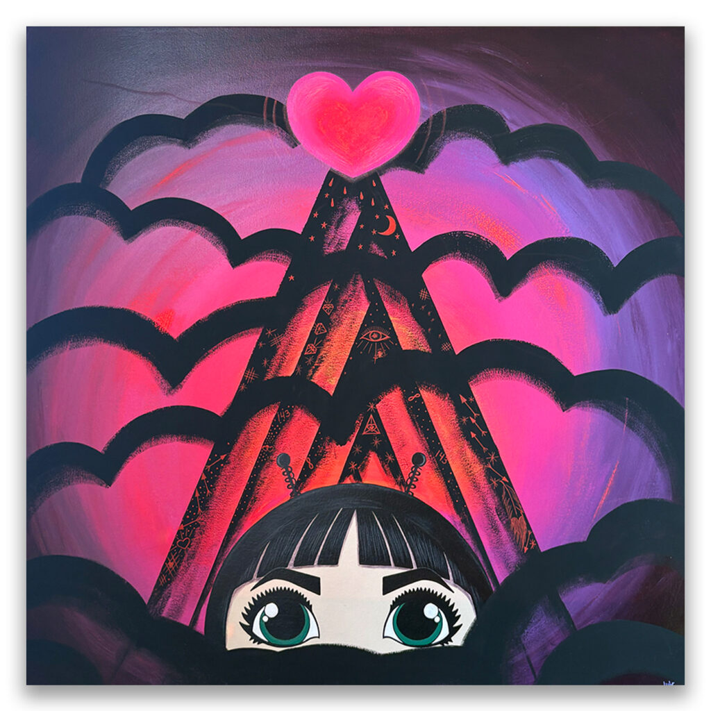 Original painting from the Sands of Time series by Alla K, featuring the character O in a surreal, cosmic landscape with symbolic elements representing time, reflection, and inner stillness.