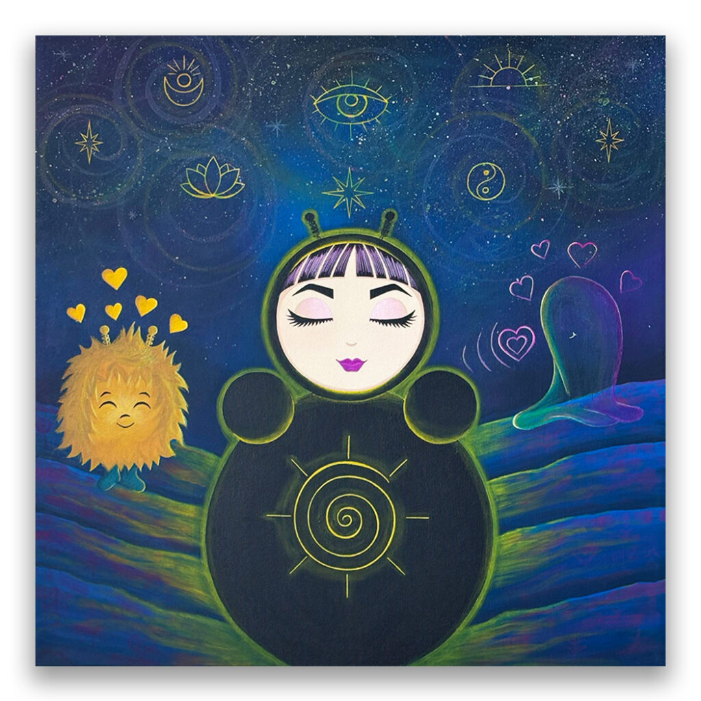 Original painting from the Sands of Time series by Alla K, featuring the character O in a surreal, cosmic landscape with symbolic elements representing time, reflection, and inner stillness.