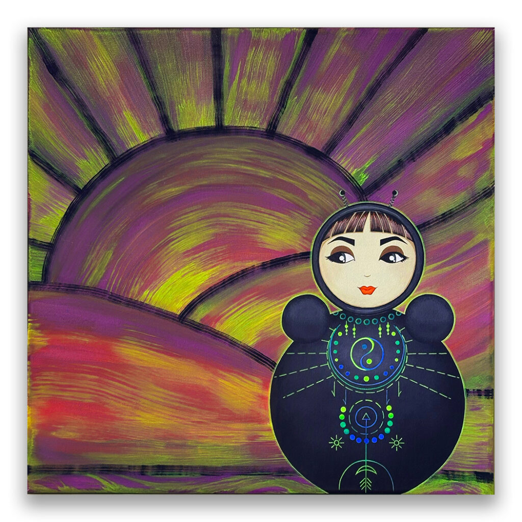 Original painting from the Sands of Time series by Alla K, featuring the character O in a surreal, cosmic landscape with symbolic elements representing time, reflection, and inner stillness.