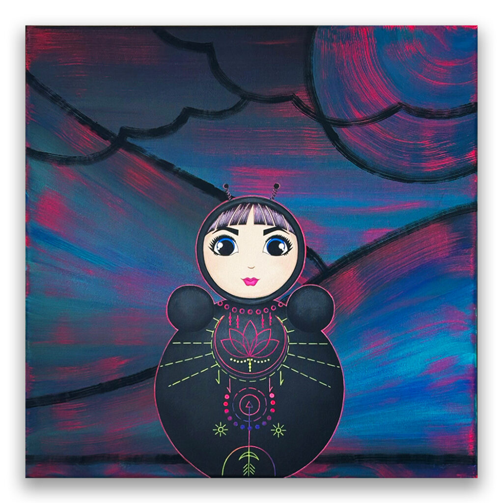 Original painting from the Sands of Time series by Alla K, featuring the character O in a surreal, cosmic landscape with symbolic elements representing time, reflection, and inner stillness.